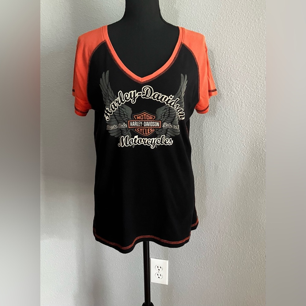 Harley-Davidson Black and Orange V-Neck Tee, Y2K vintage